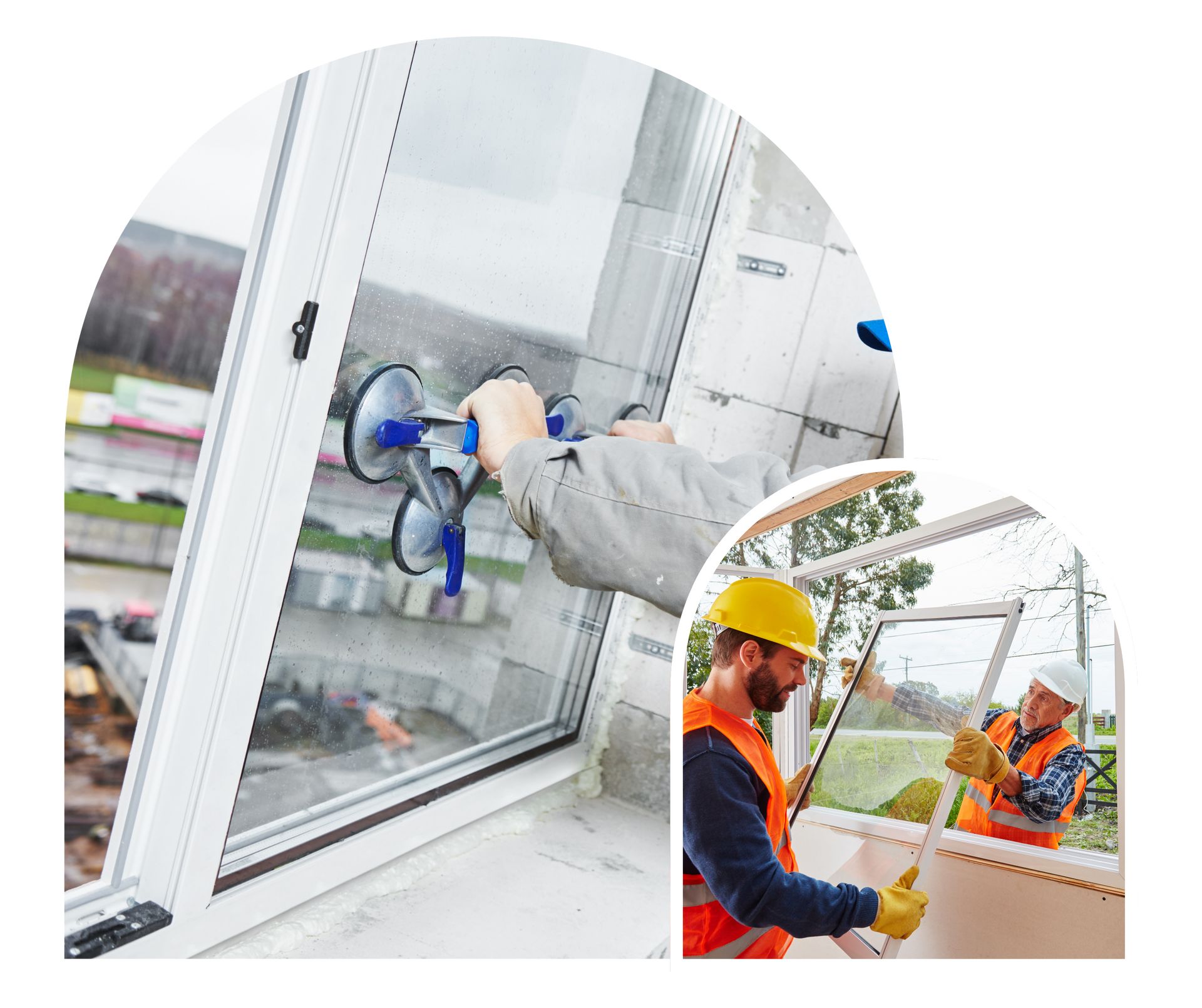 Workers installing a window, using suction cups and tools. Construction setting, white frames.