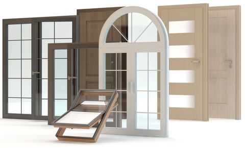 Variety of doors, including a windowed sliding door, wooden doors, and a door with an arched window.