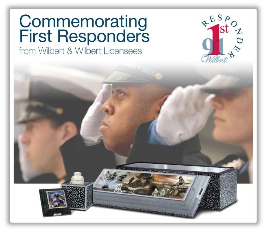 Ad honoring first responders; saluting uniformed figures with casket, urn, and photos.