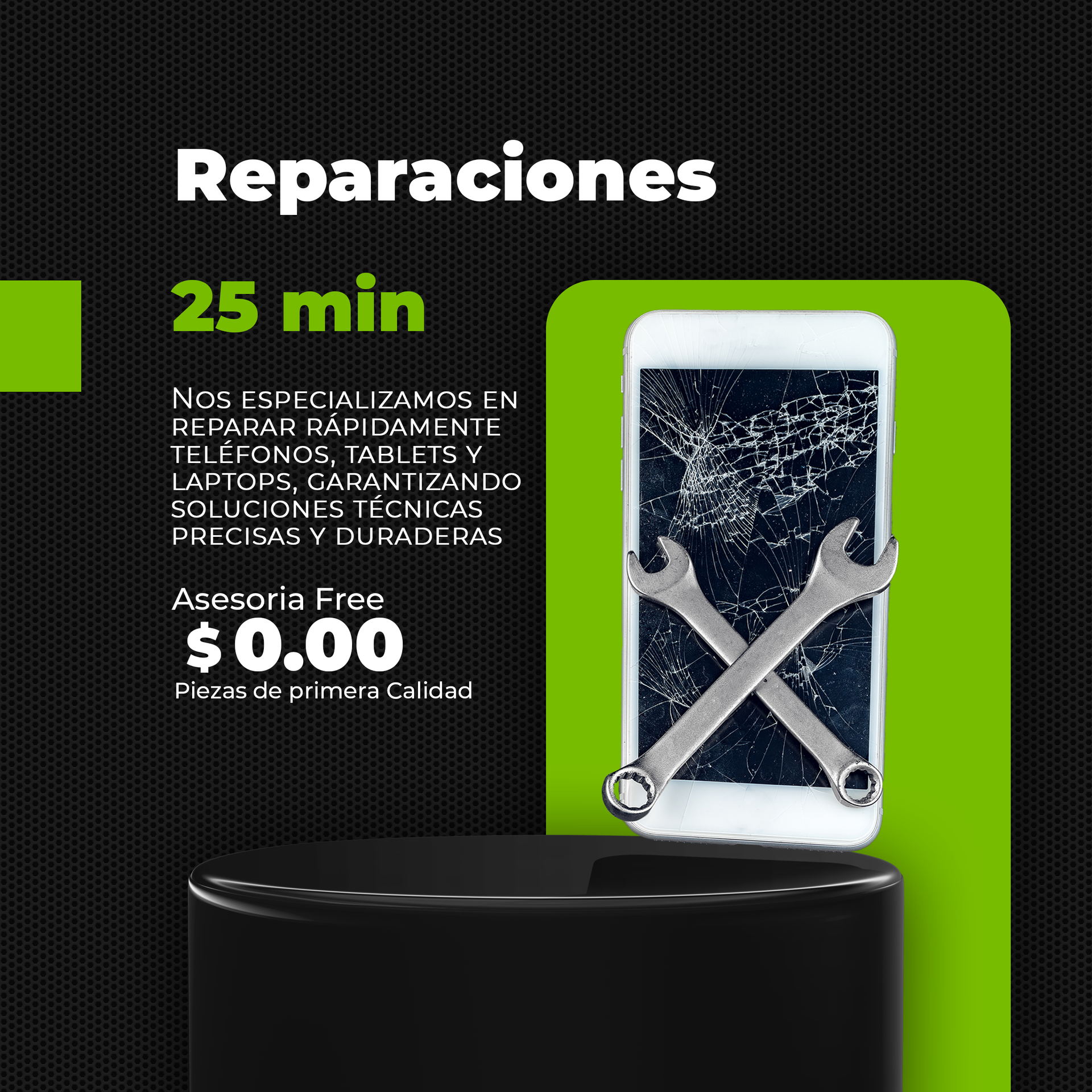 A cell phone with a broken screen and two wrenches on it.