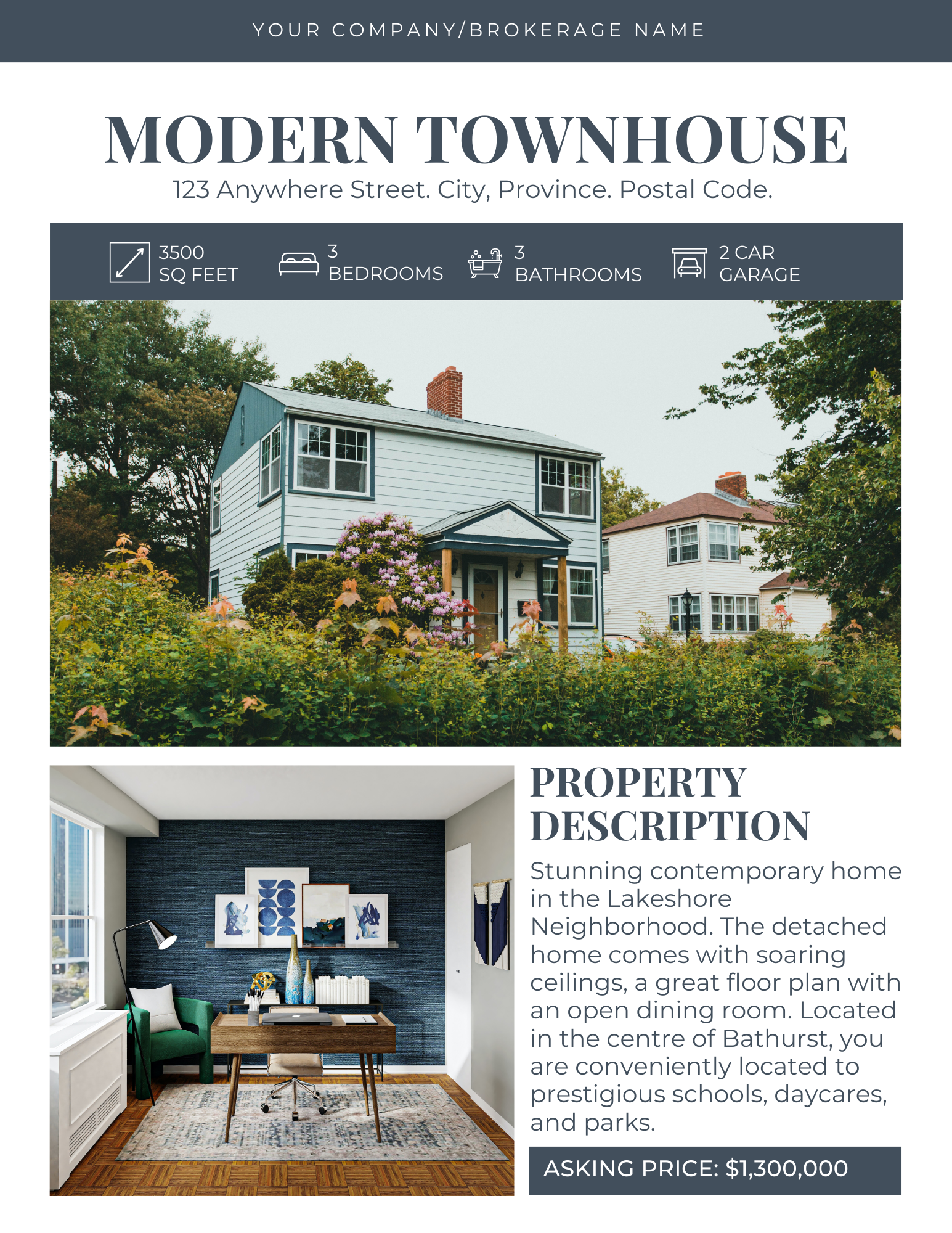 A modern townhouse for sale with a property description and a picture of the house.