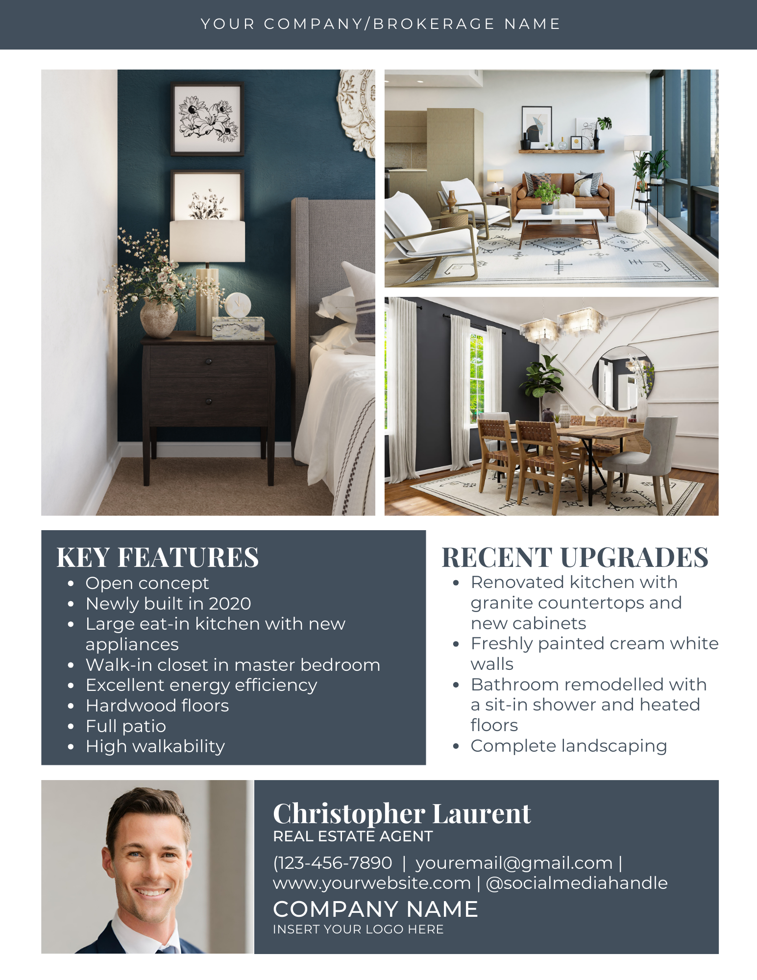 A real estate flyer with a picture of a man in a suit and tie.