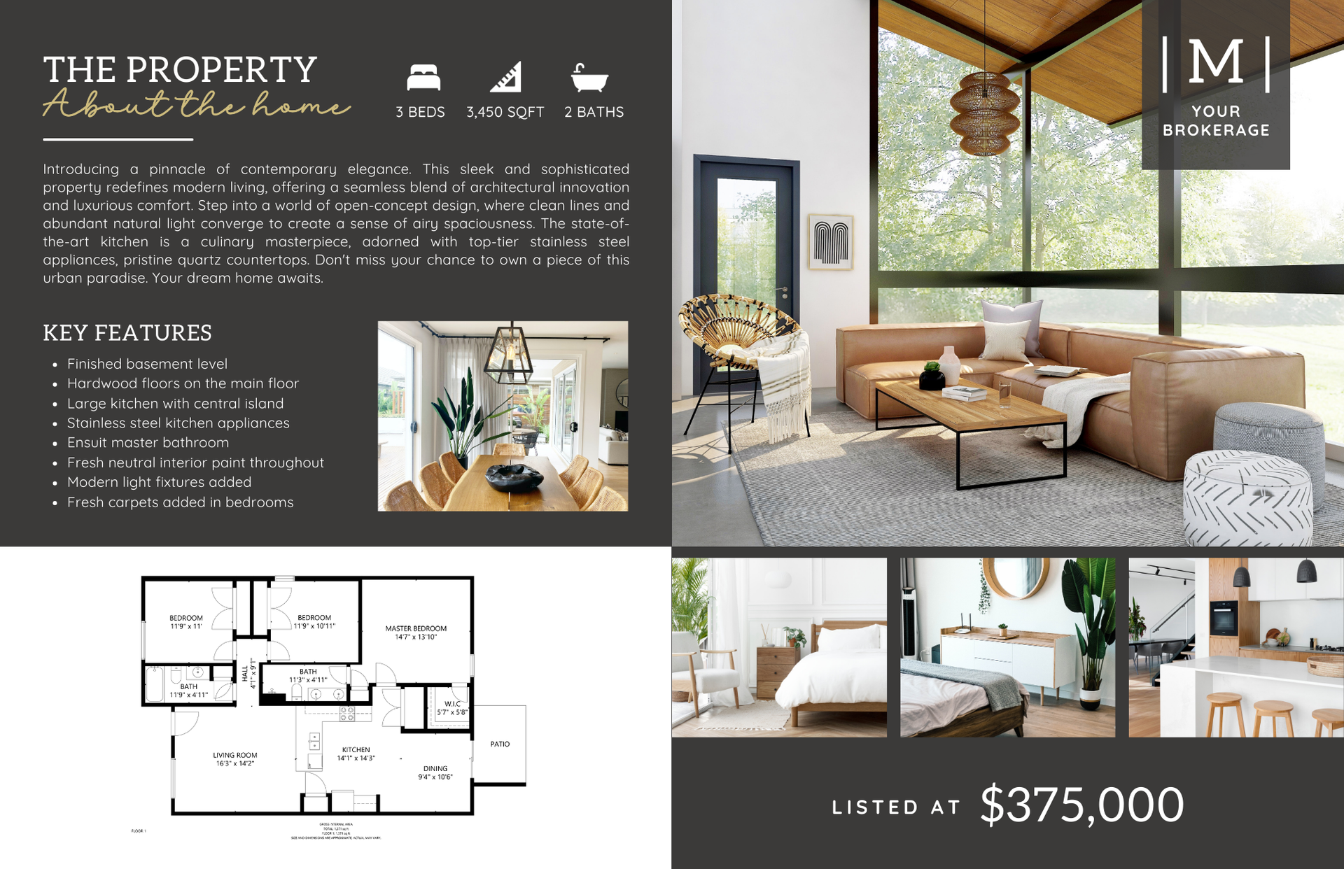 A brochure for a house with a living room and a floor plan.