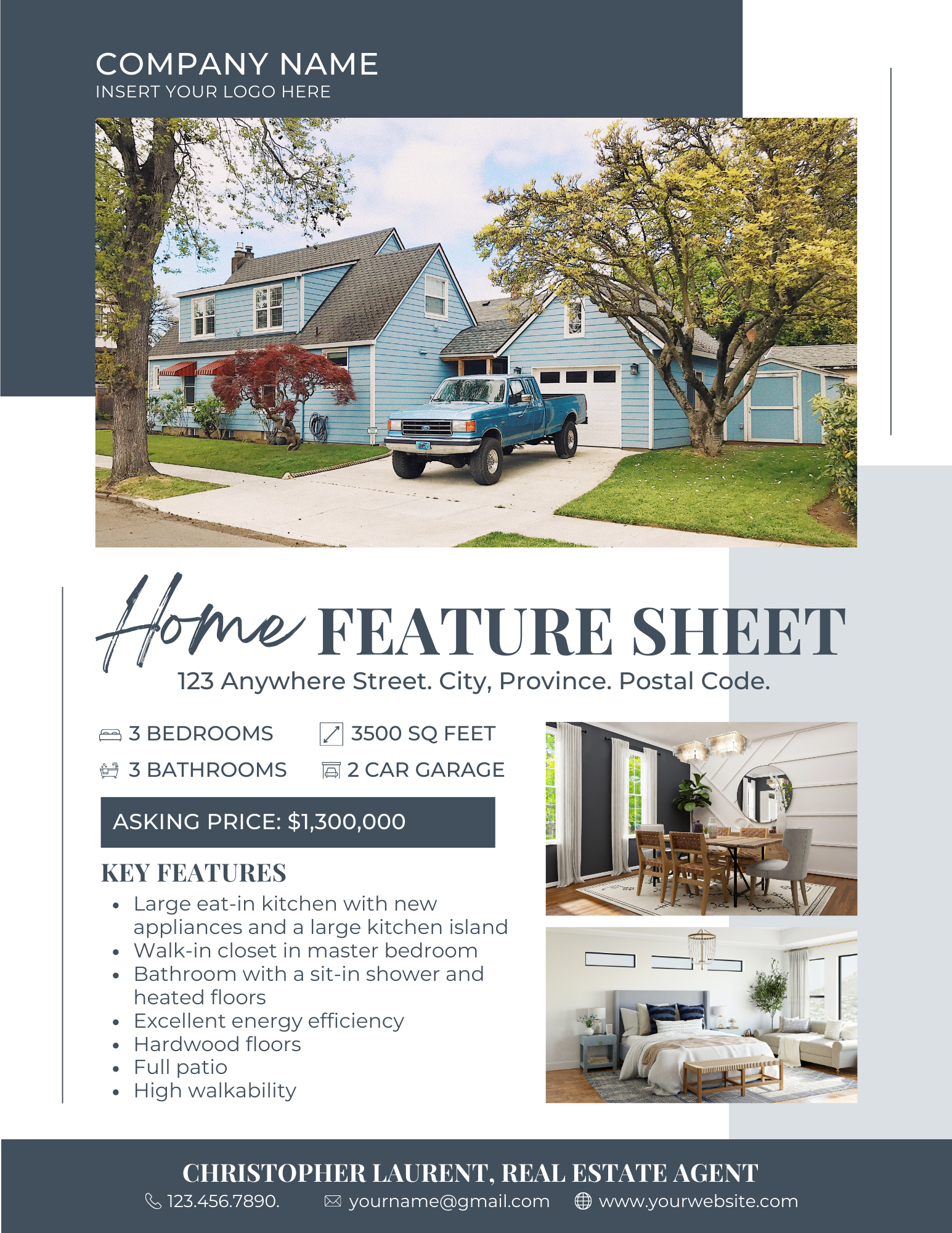 A home feature sheet with a truck parked in front of a blue house.