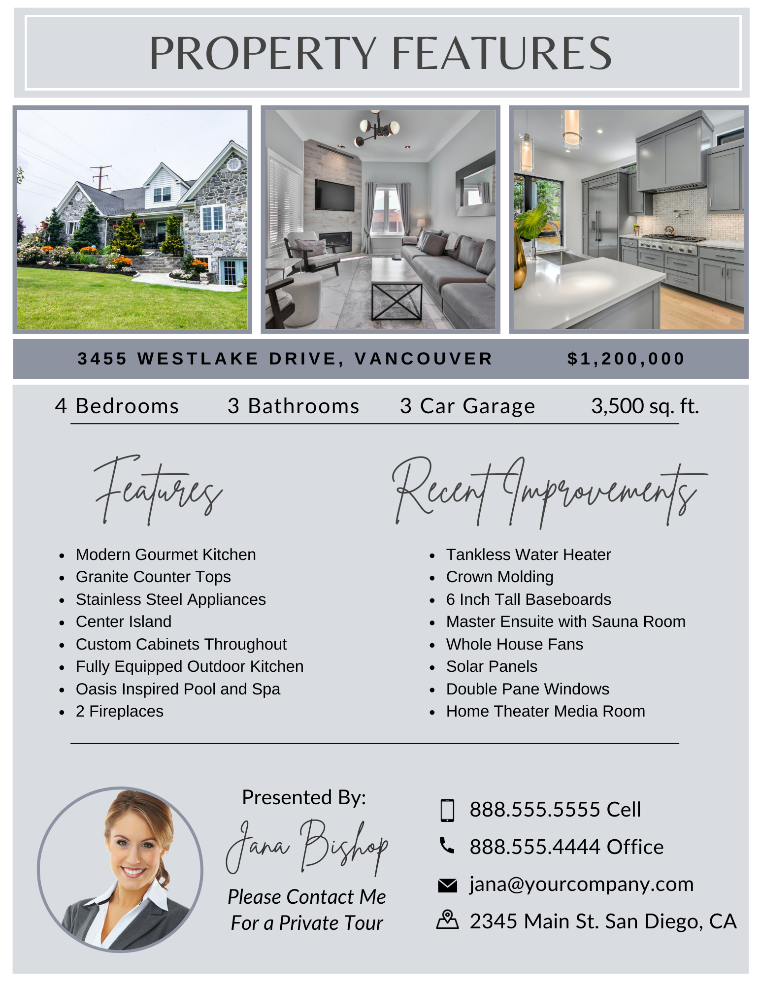 A property brochure with a picture of a house , features , and recent improvements.