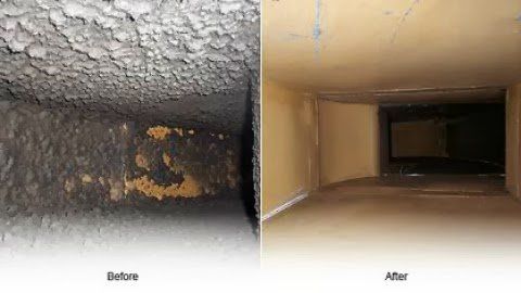before and after side by side photos of air duct cleaning