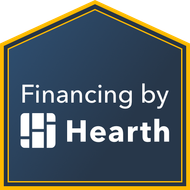 Financing by Hearth logo in white on a dark blue hexagon with gold border