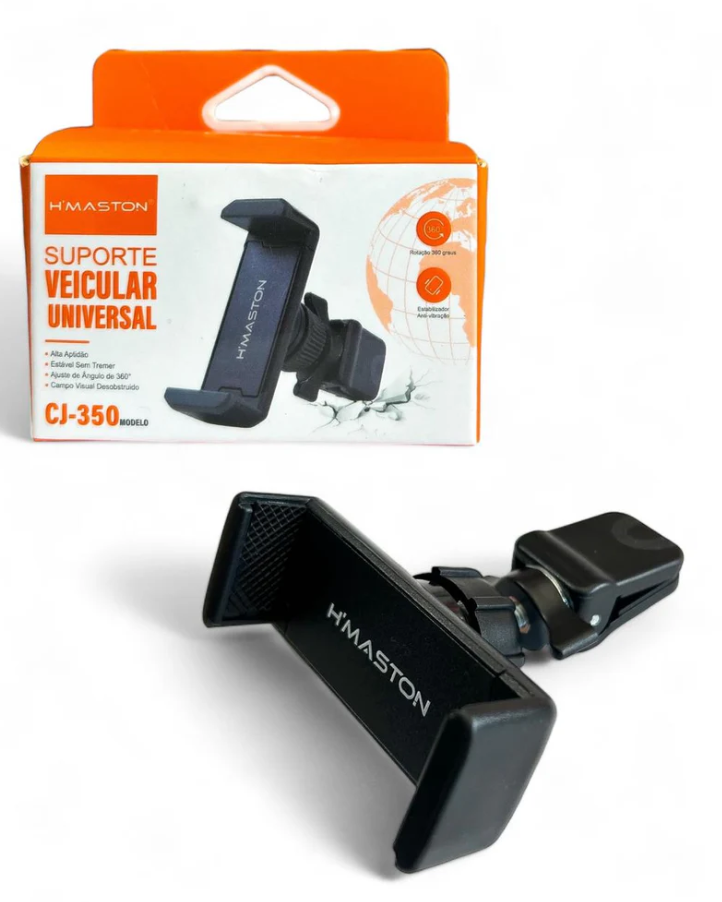 Um suporte de telefone está ao lado de uma caixa.