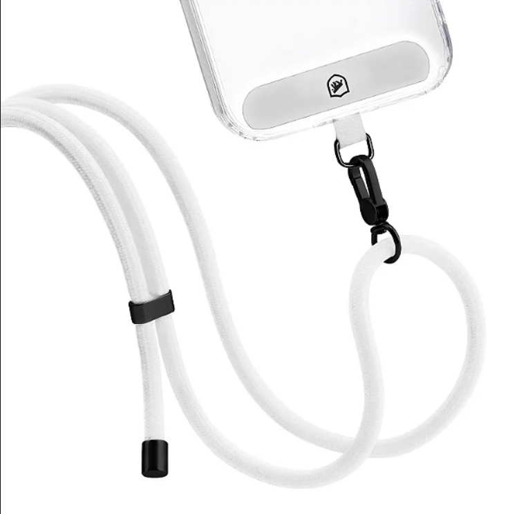 Um telefone celular está conectado a um fio branco.