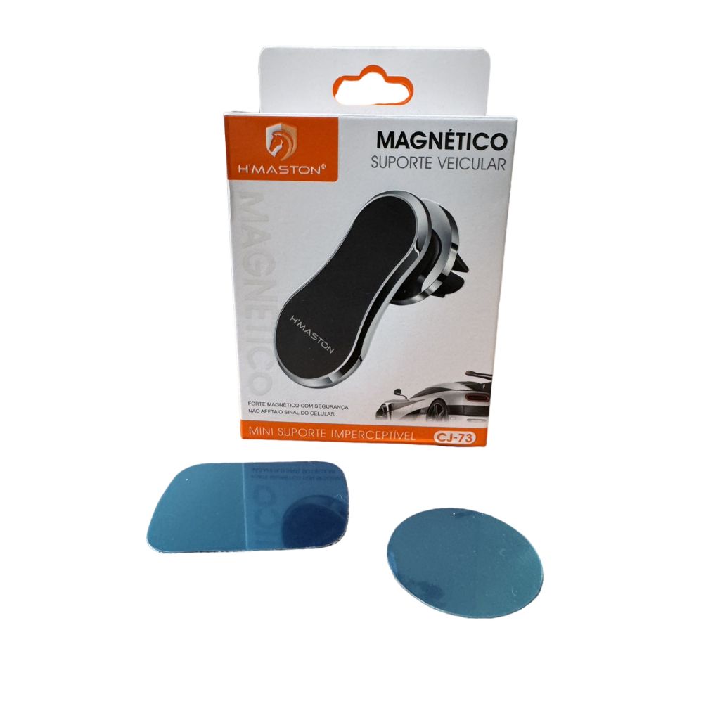 Um suporte magnético para telefone em uma caixa com dois adesivos.