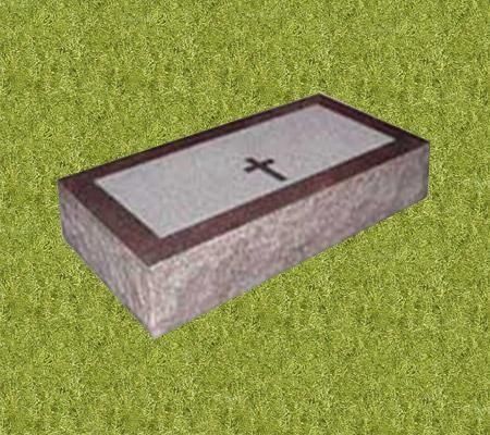 Gravestone with cross symbol, rectangular, on green grass.