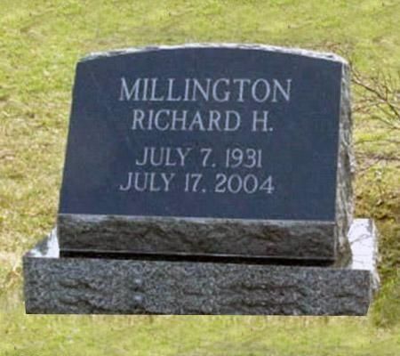 Headstone for Richard H. Millington, born July 7, 1931, died July 17, 2004, on a grassy field.