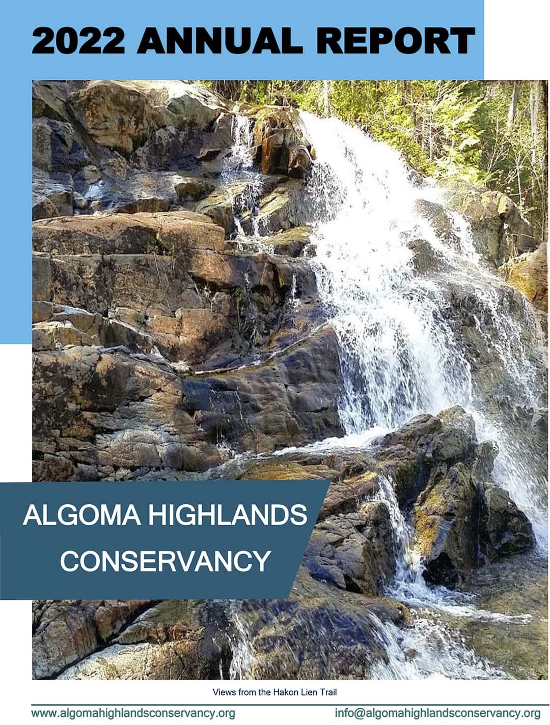 2022 Annual Report cover: Waterfall over rocks, text 