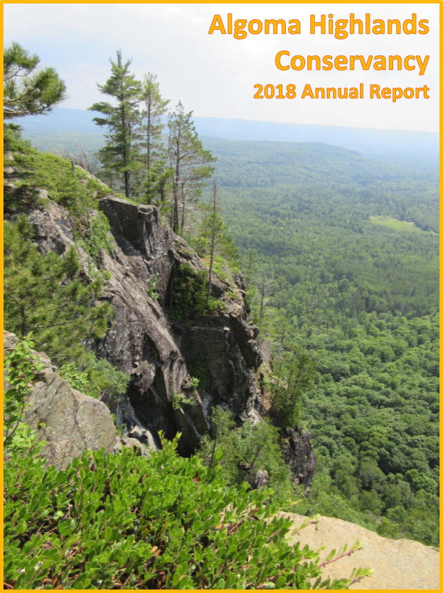 Cover of the Algoma Highlands Conservancy 2018 Annual Report. Rocky cliffside with green forest vista. Yellow frame.