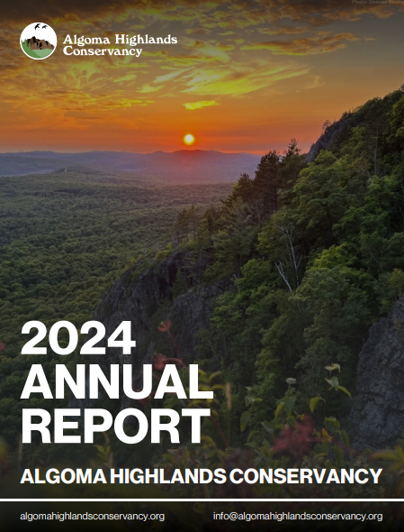 2024 Annual Report cover for Algoma Highlands Conservancy. Sunset over forested landscape.