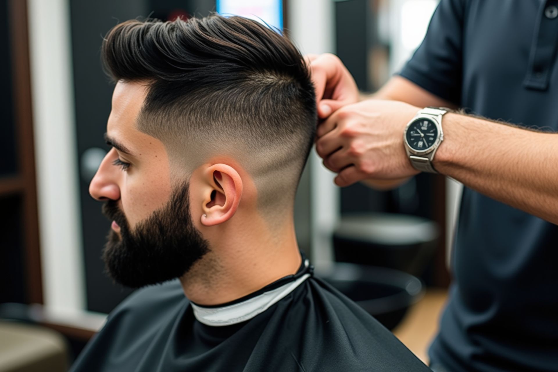 Man getting a haircut, fade with beard, at a barbershop. Man getting a haircut, fade with beard, at a barbershop.
