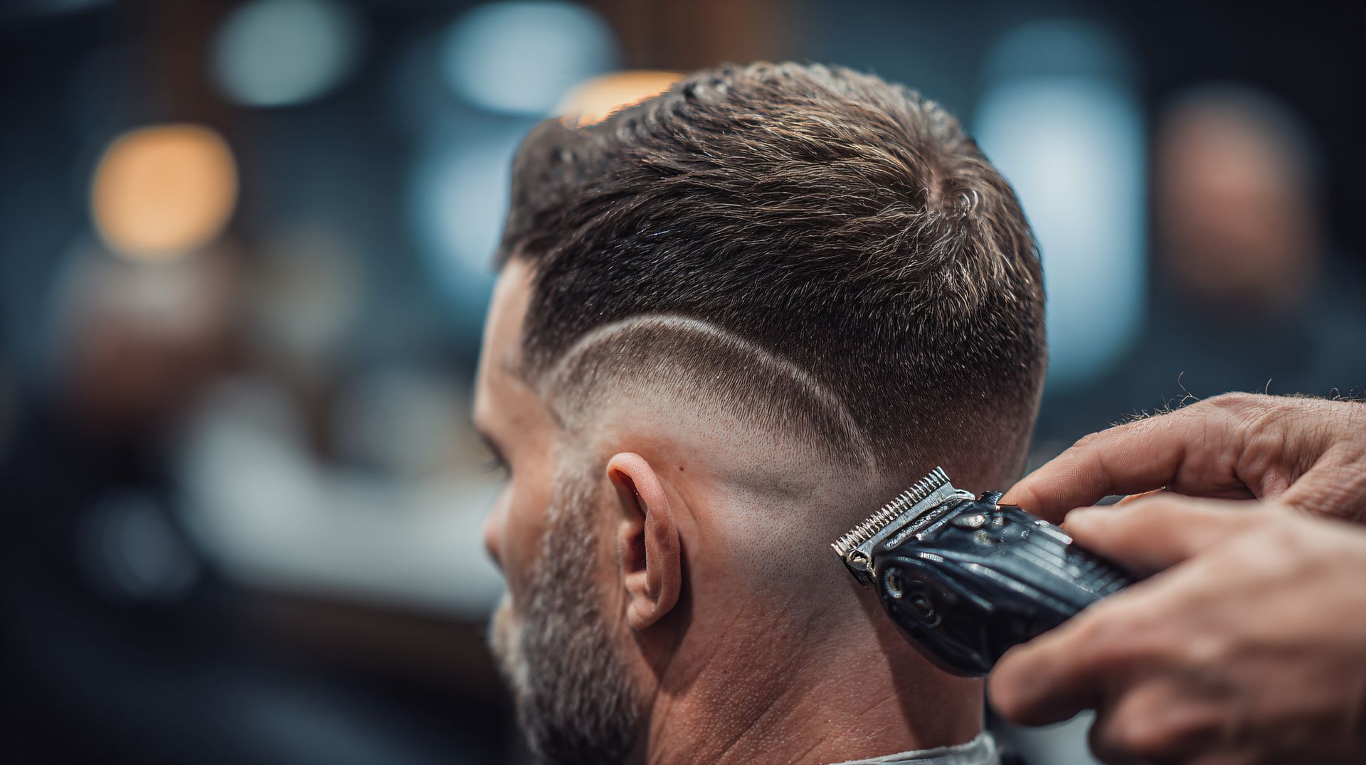 Barber using clippers to create a fade haircut on the side of a man’s head.