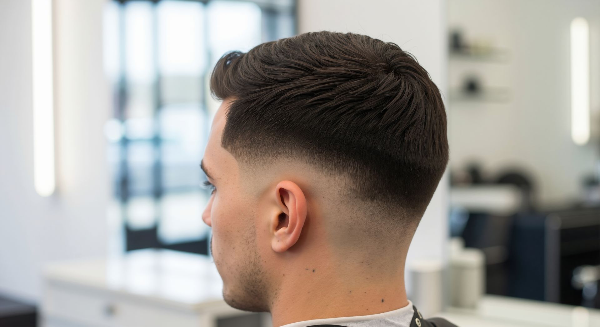 Close-up, side view of a short men's haircut featuring a sharp skin fade on the sides and textured hair on top.