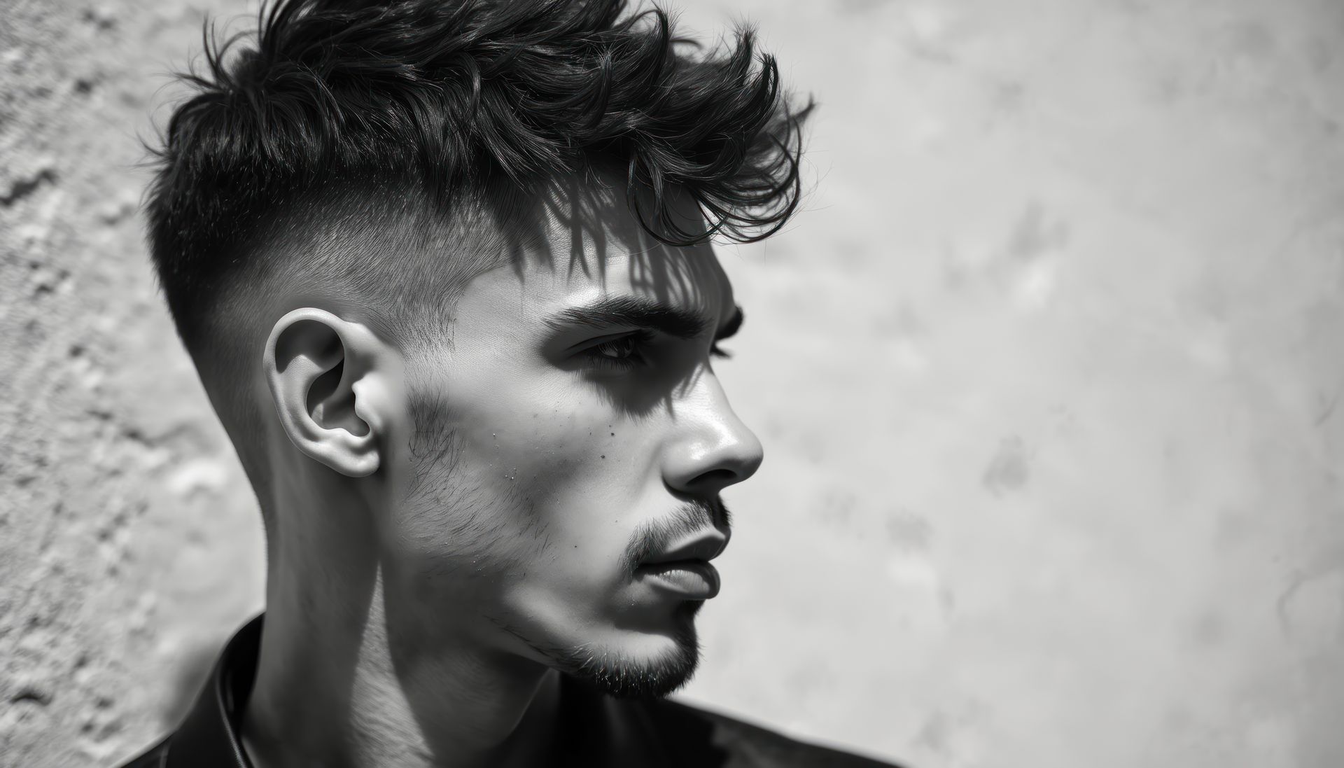 Man with textured hair and faded sides, profile view against a light wall.