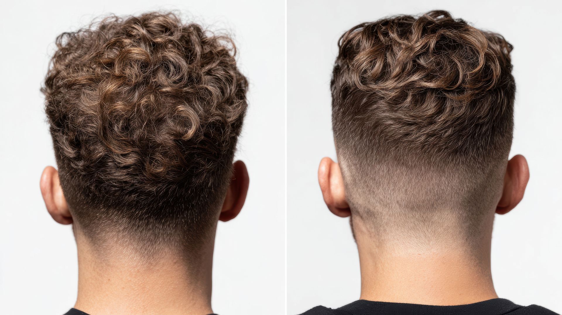 Two views of the back of a head. Left: curly brown hair. Right: faded, short haircut.