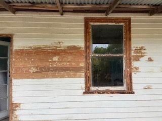 Weathered house siding with peeling paint around a window and door.