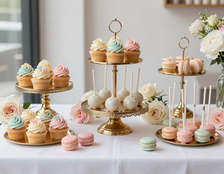 Mesa de postres con decoración floral