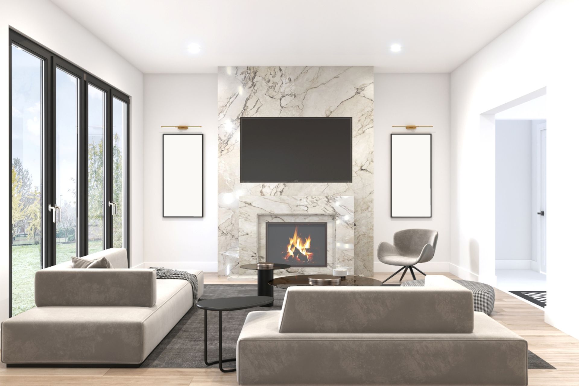 A living room filled with furniture and a fireplace.