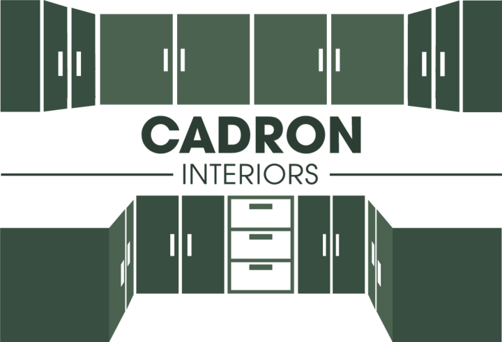 The logo for cadron interiors shows a kitchen with green cabinets and drawers.