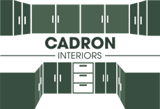 The logo for cadron interiors shows a kitchen with green cabinets and drawers.