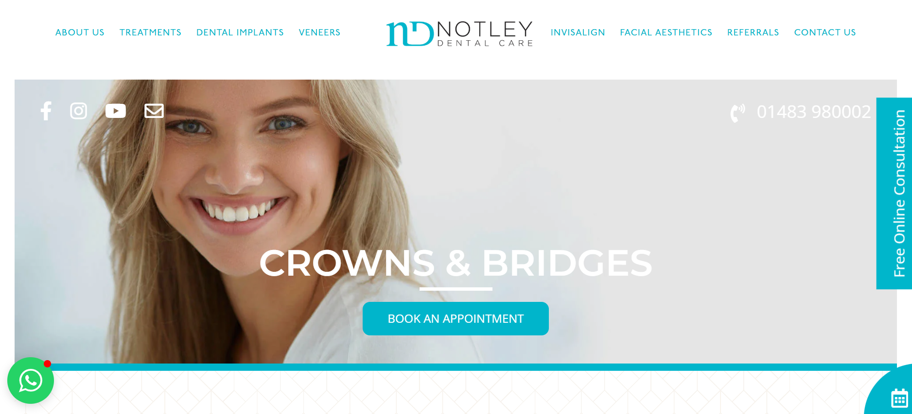 A woman is smiling on the homepage of a website about crowns and bridges.