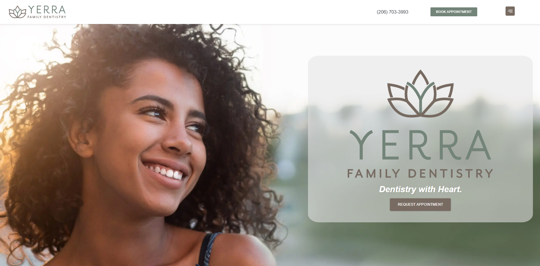 A woman is smiling on the homepage of a website for a family dentistry.