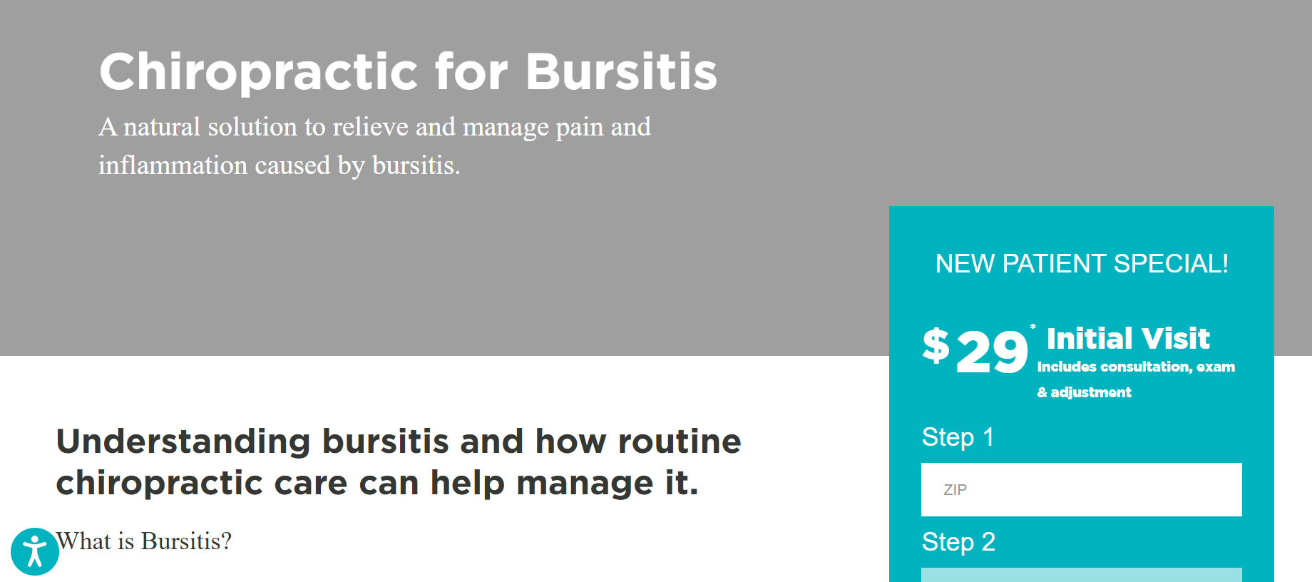 A flyer for chiropractic for bursitis explaining bursitis and how routine chiropractic care can help manage it.