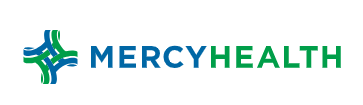 The mercy health logo is green and blue and has a cross on it.