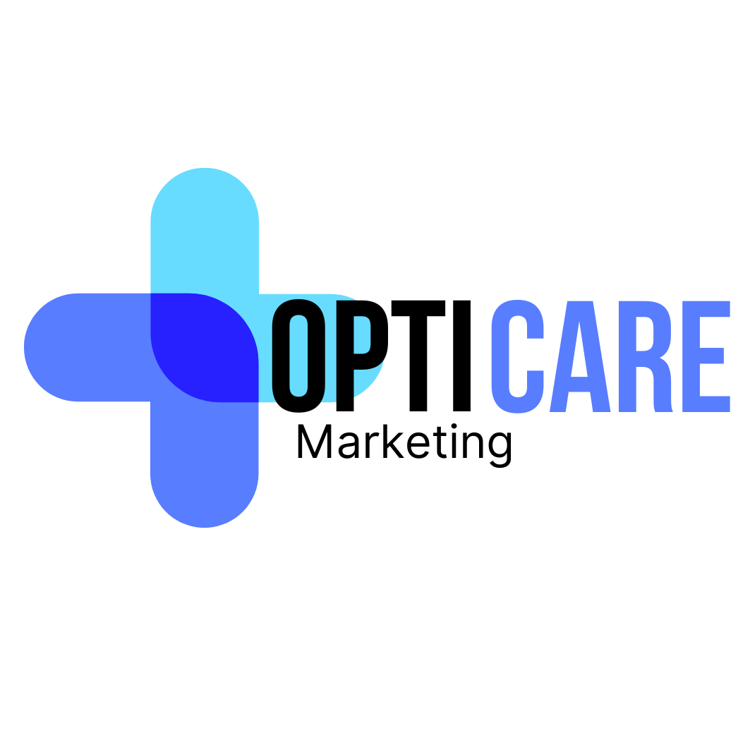 A logo for opticare marketing with a blue cross on a white background.