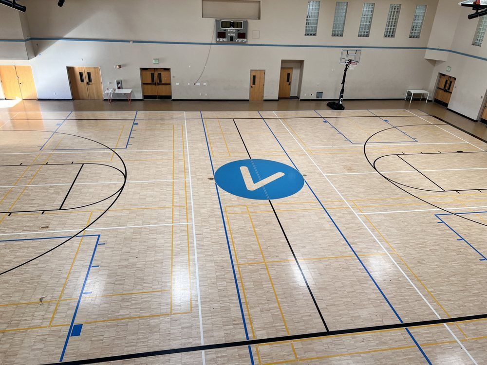 A basketball court with a blue circle with the letter v on it