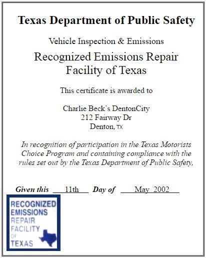 Recognized Emissions Repair Facility of Texas - Charlie Beck's Garage awards in Denton, Tx