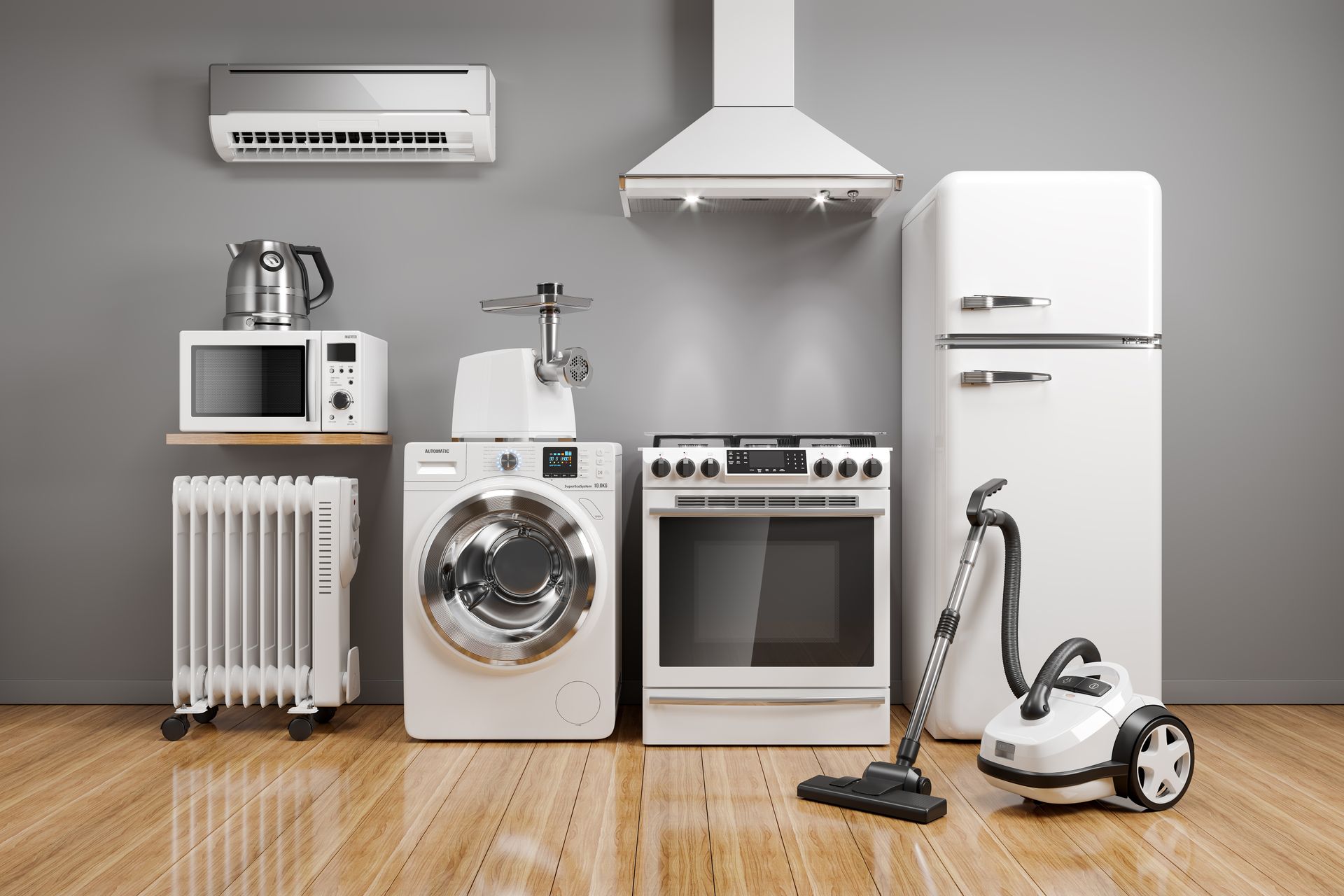There are many different types of appliances in the kitchen.