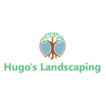 Hugo&rsquo;s Landscaping logo with a tree and blue circular accents in green and brown.