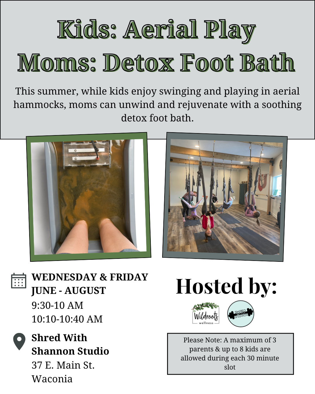 A poster for a kids aerial play and foot detox bath.