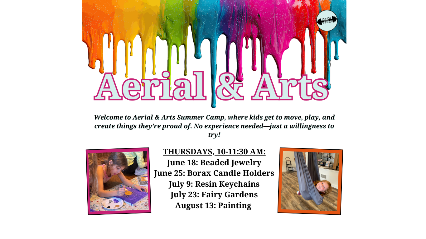 Aerial & Arts event flyer with colorful paint drips, dance photos, and July 2023 class listings