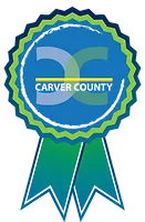A blue and green ribbon with the words carver county on it.