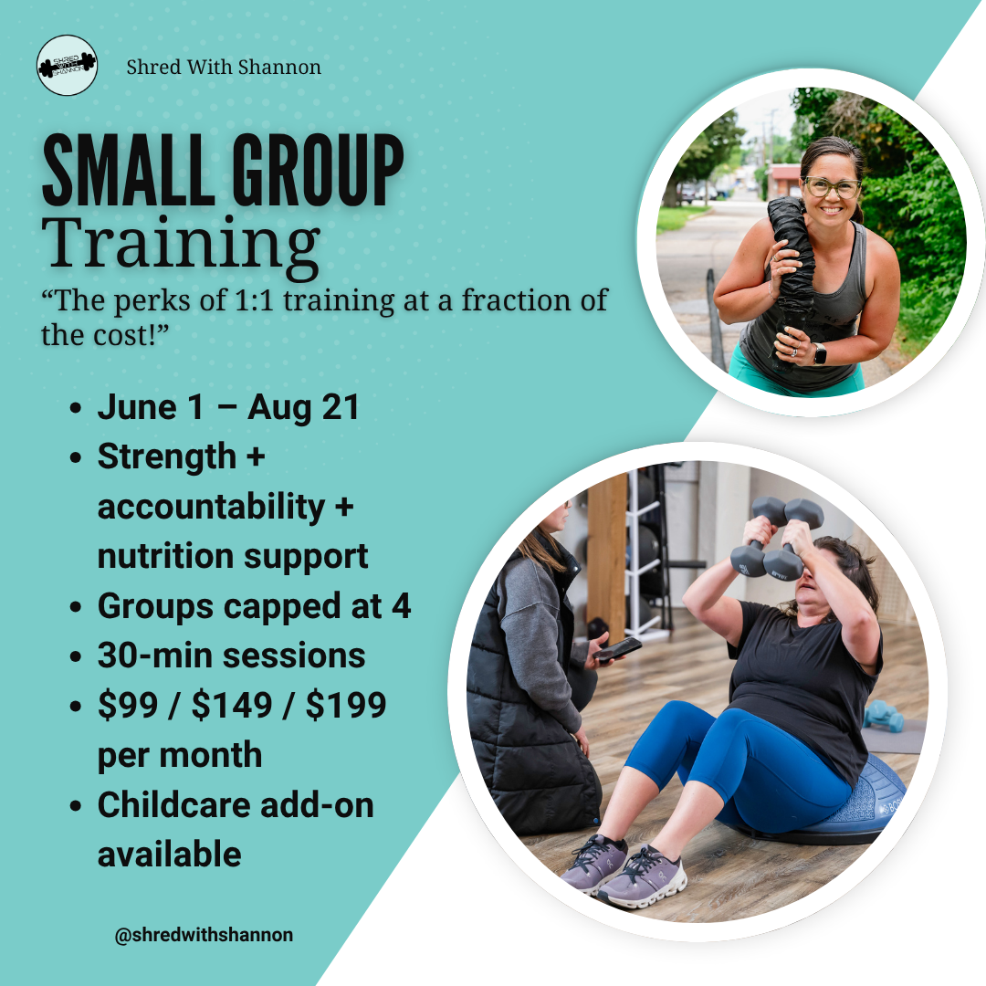 Small group training flyer with two exercise photos, teal background, and details on dates, prices, and childcare.