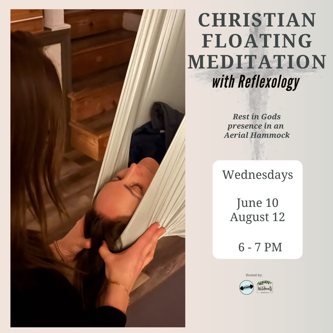 Christian floating meditation with reflexology event flyer; hands support a person in a hammock-like swing.