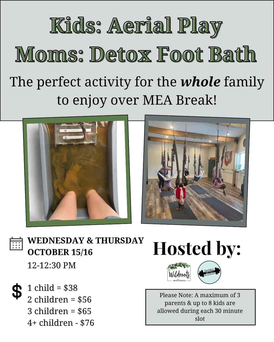 A poster for a kids aerial play and foot detox bath.
