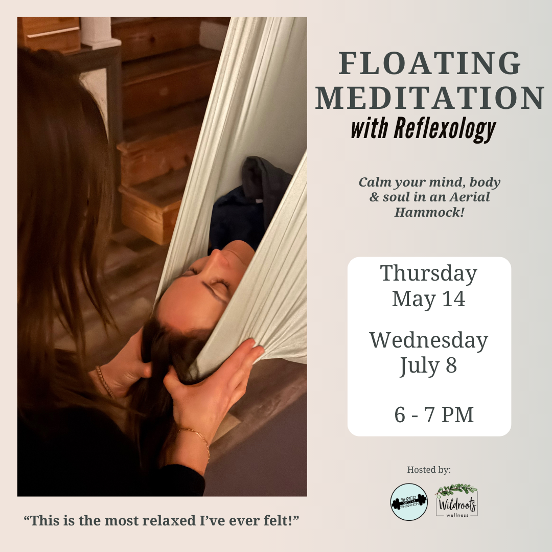 Floating meditation in a white hammock, with event dates and times on a beige flyer