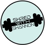 A logo for shred with shannon shows a dumbbell in a circle.