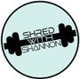 A logo for shred with shannon shows a dumbbell in a circle.