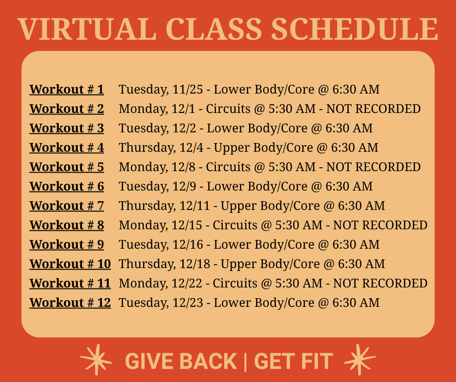 Virtual fitness class schedule with workout dates, times, and types