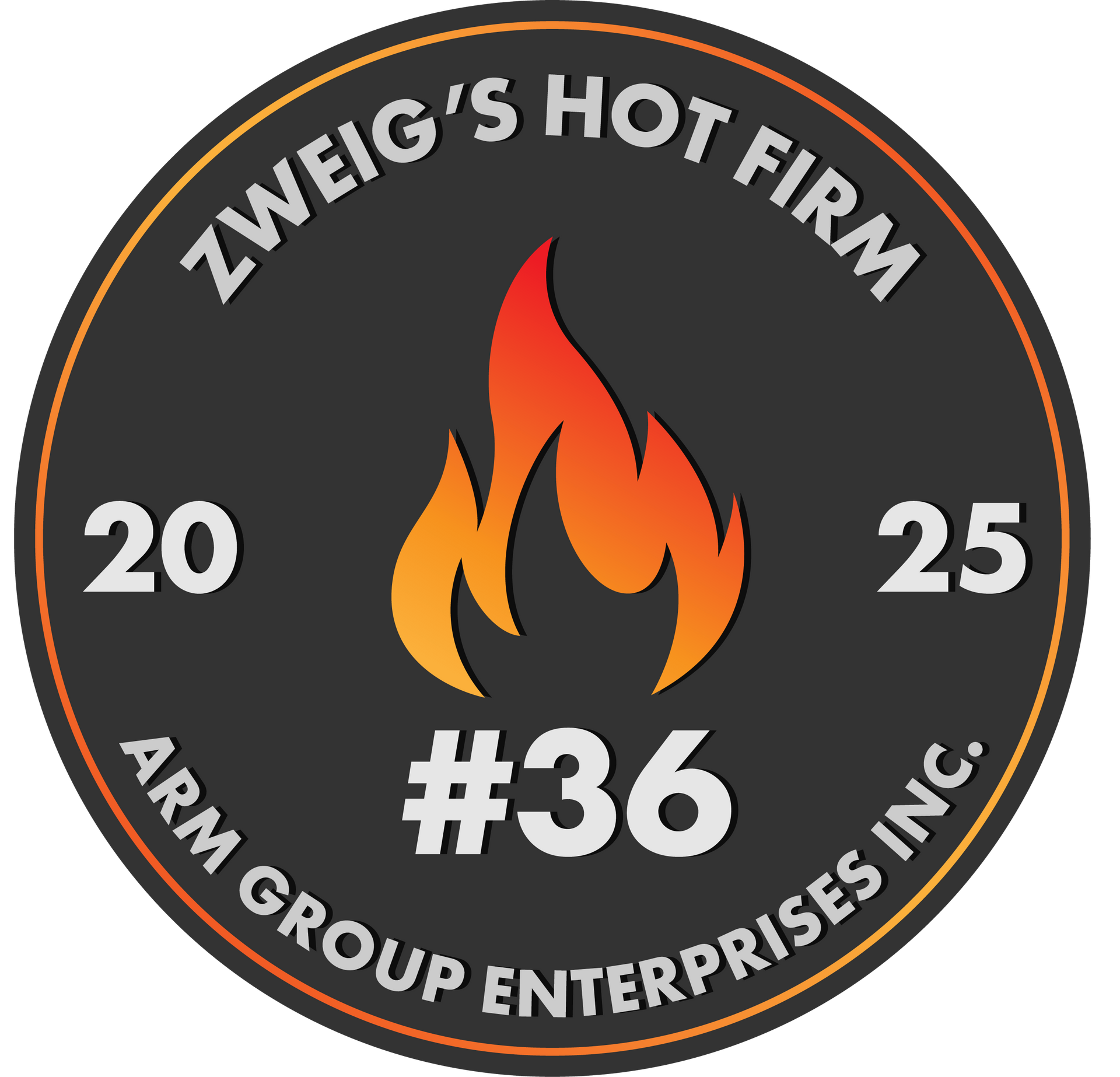 Zweig Group's Hot Firm List for 2025 - Black circle with flame over #36, ARM Group Enterprises Inc on the bottom.