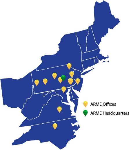 Blue vector map with pins for each office location for ARM Group Enterprises Inc. A green pin for the Hershey, PA location, and yellow pins for all other 15 locations throughout the Mid-Atlantic.